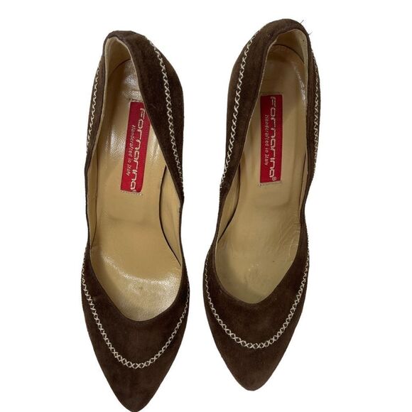 Fornarina Suede Pumps Stacked Heels Brown Women's EU 36 Cross Stitch Detail - Picture 2 of 9